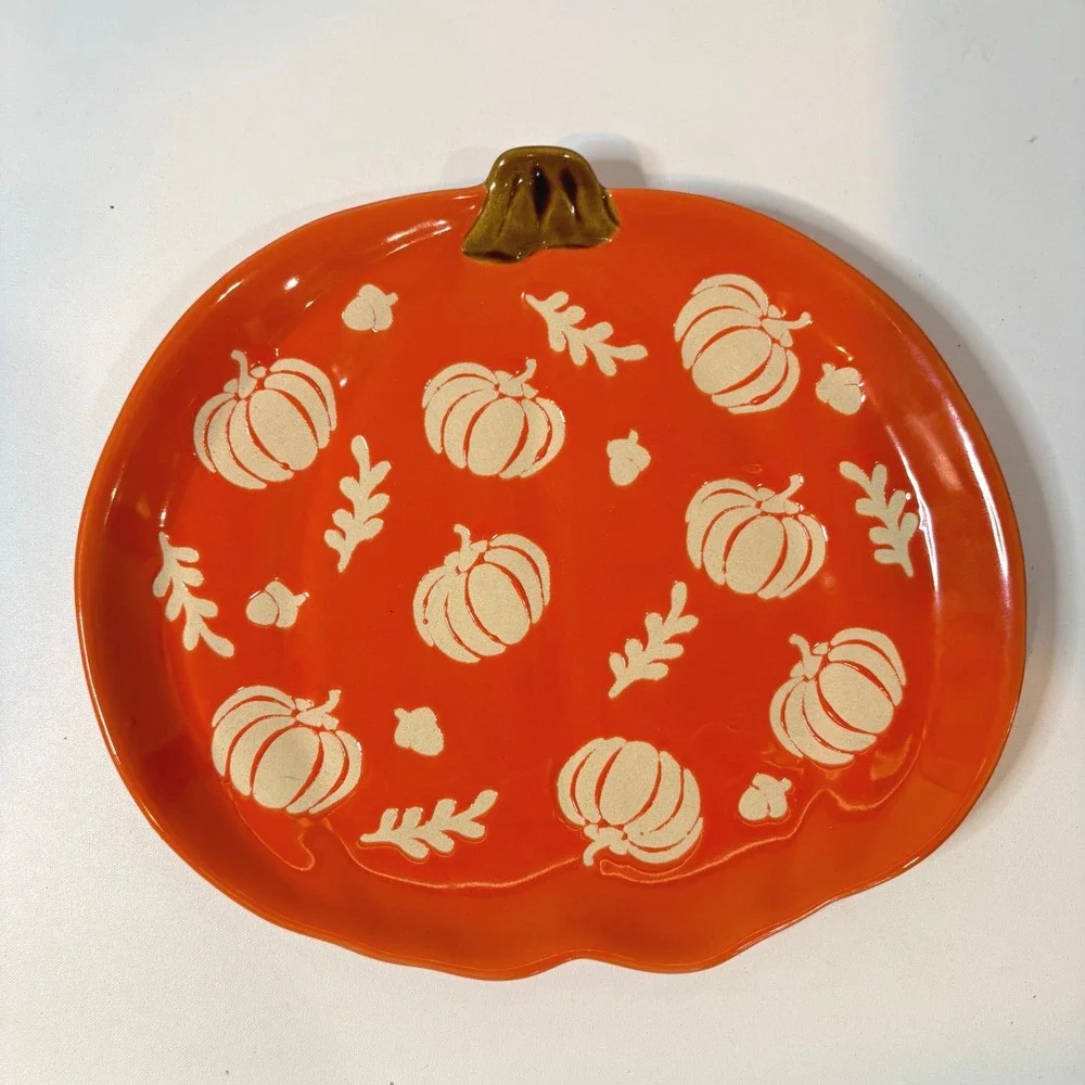 Orange Pumpkin Ceramic Serving Platter Fall Autumn Harvest Decorative Dish 9.5in